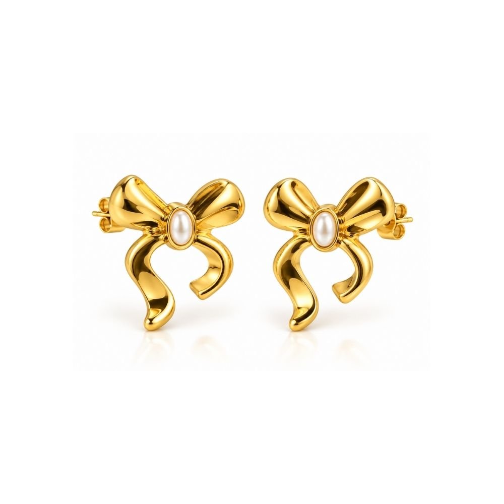 157 Yougorgeous 18K gold plated sculptural flared ribbon bow oval pearl stud earrings for women