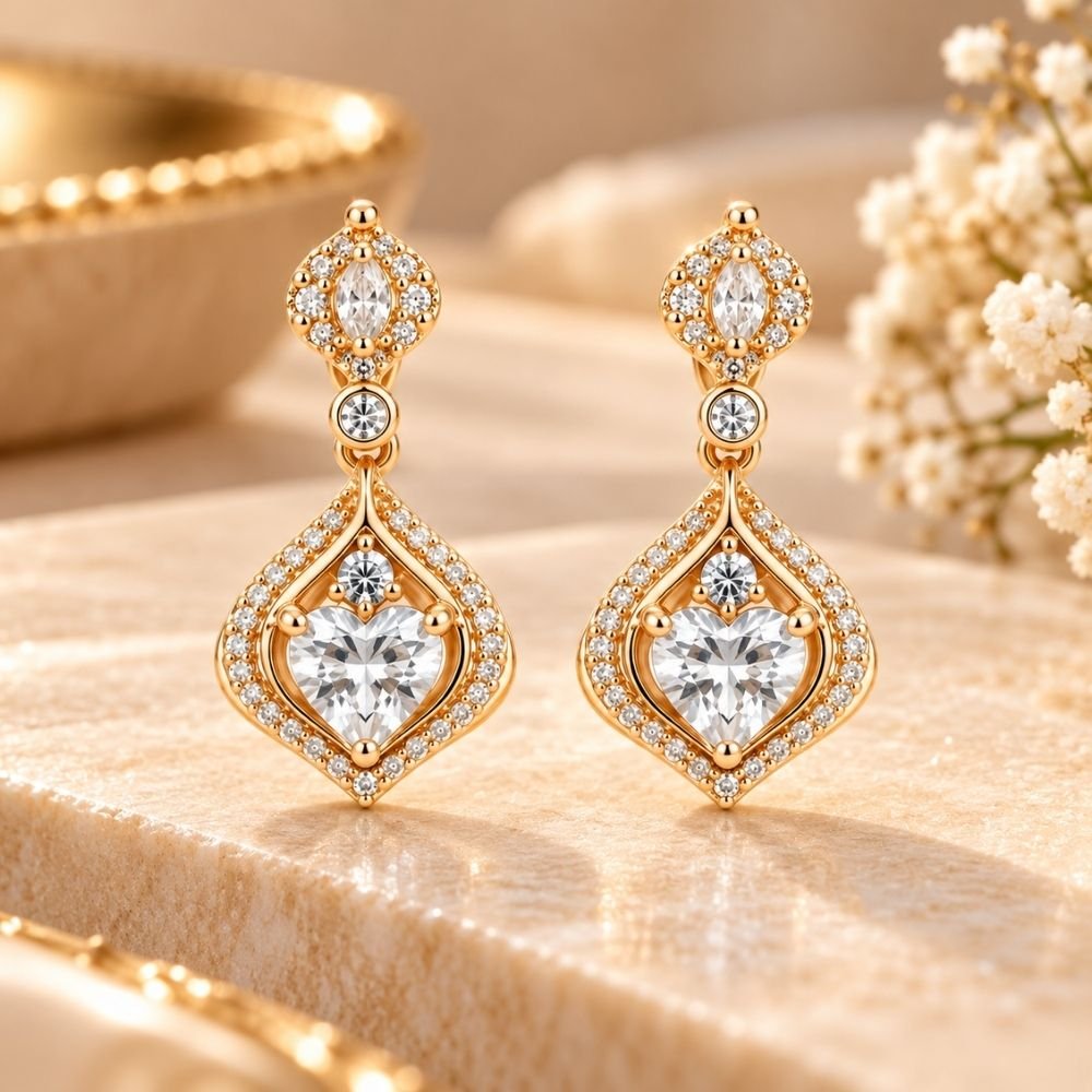 168 Yougorgeous 18K gold plated vintage Art Deco heart and marquise CZ halo drop earrings for women