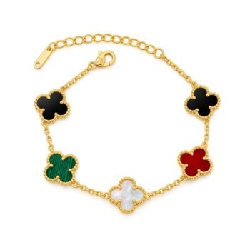 Yougorgeous 18K gold plated multi-color 5-motif four leaf clover station chain bracelet