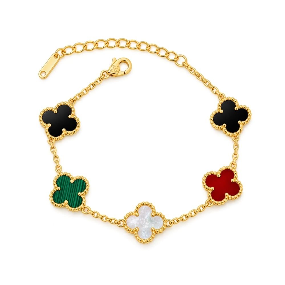 17 Yougorgeous 18K gold plated multi-color 5-motif four leaf clover station chain bracelet