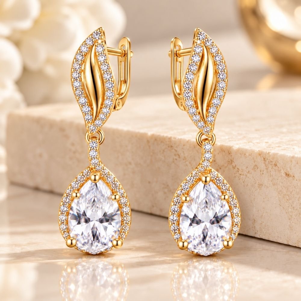179 Yougorgeous 18K gold plated sculptural flame leaf pear CZ halo drop earrings for women