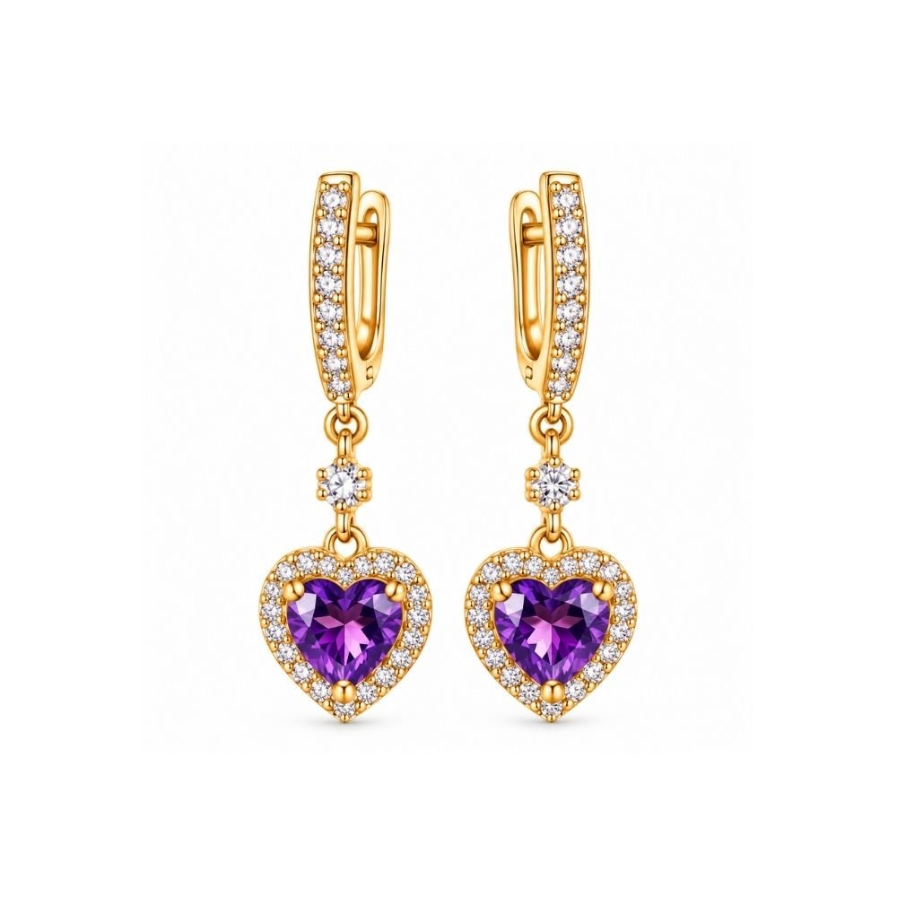 183 Yougorgeous 18K gold plated regal amethyst purple crystal heart pavé halo huggie drop earrings for women