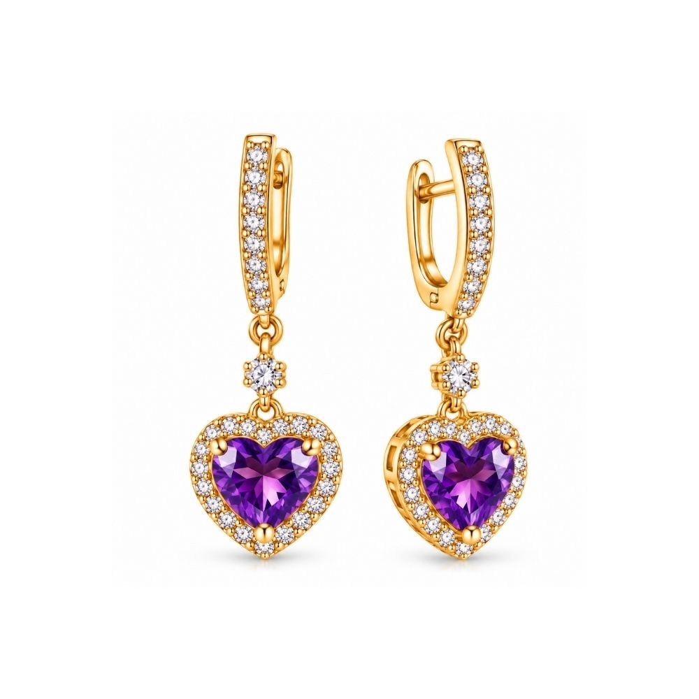 184 Yougorgeous 18K gold plated regal amethyst purple crystal heart pavé halo huggie drop earrings for women