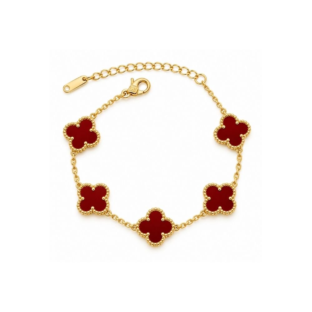 27 Yougorgeous 18K gold plated carnelian red 5-motif four leaf clover station chain bracelet for women