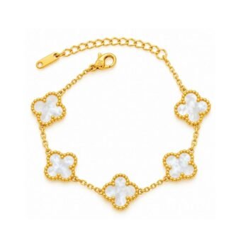 Yougorgeous 18K gold plated mother-of-pearl white 5-motif four leaf clover station chain bracelet for women