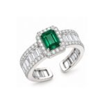 Yougorgeous silver-plated emerald-cut green cubic zirconia halo baguette adjustable cocktail ring
