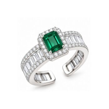 Yougorgeous silver-plated emerald-cut green cubic zirconia halo baguette adjustable cocktail ring