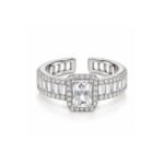 Yougorgeous silver-plated emerald-cut clear cubic zirconia halo baguette adjustable cocktail ring
