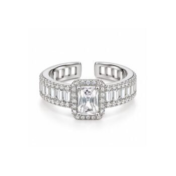 Yougorgeous silver-plated emerald-cut clear cubic zirconia halo baguette adjustable cocktail ring