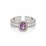 Yougorgeous silver-plated emerald-cut amethyst purple cubic zirconia halo baguette adjustable cocktail ring