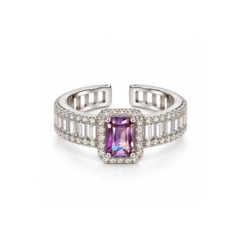 Yougorgeous silver-plated emerald-cut amethyst purple cubic zirconia halo baguette adjustable cocktail ring