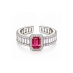 Yougorgeous silver-plated emerald-cut ruby red cubic zirconia halo baguette adjustable cocktail ring