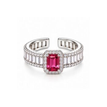 Yougorgeous silver-plated emerald-cut ruby red cubic zirconia halo baguette adjustable cocktail ring