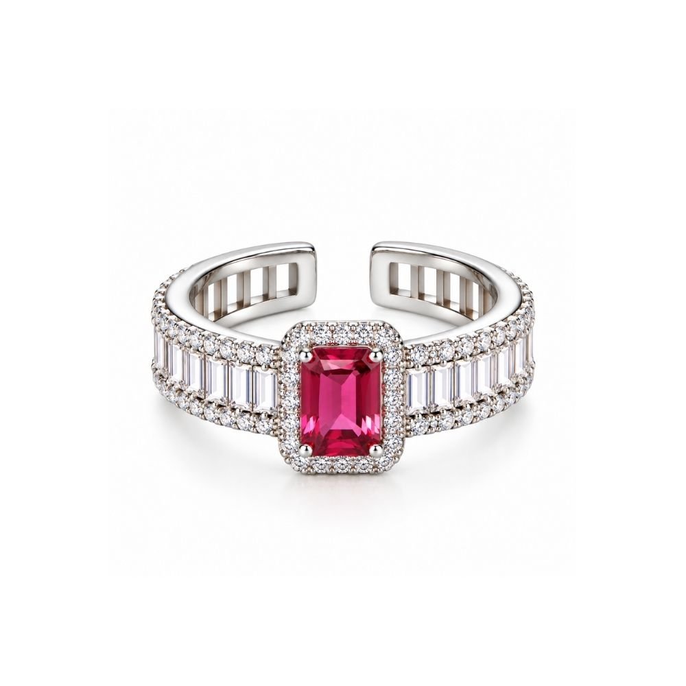 57 Yougorgeous silver-plated emerald-cut ruby red cubic zirconia halo baguette adjustable cocktail ring