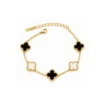 Yougorgeous 18K gold plated monochrome black onyx and mother-of-pearl white 5-motif four leaf clover station chain bracelet