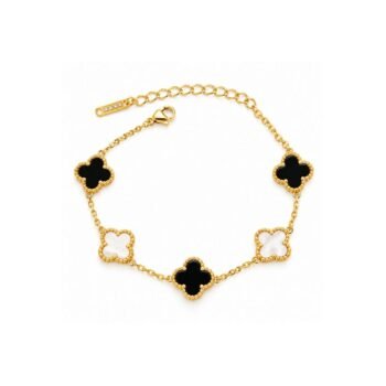 Yougorgeous 18K gold plated monochrome black onyx and mother-of-pearl white 5-motif four leaf clover station chain bracelet