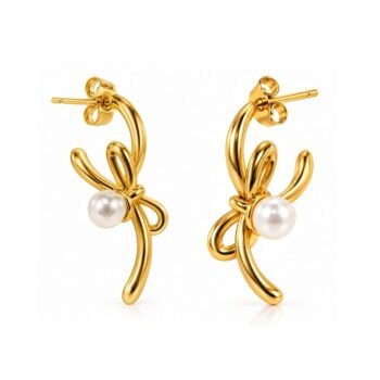 Yougorgeous 18K gold plated sculptural ribbon bow pearl drop stud earrings for women