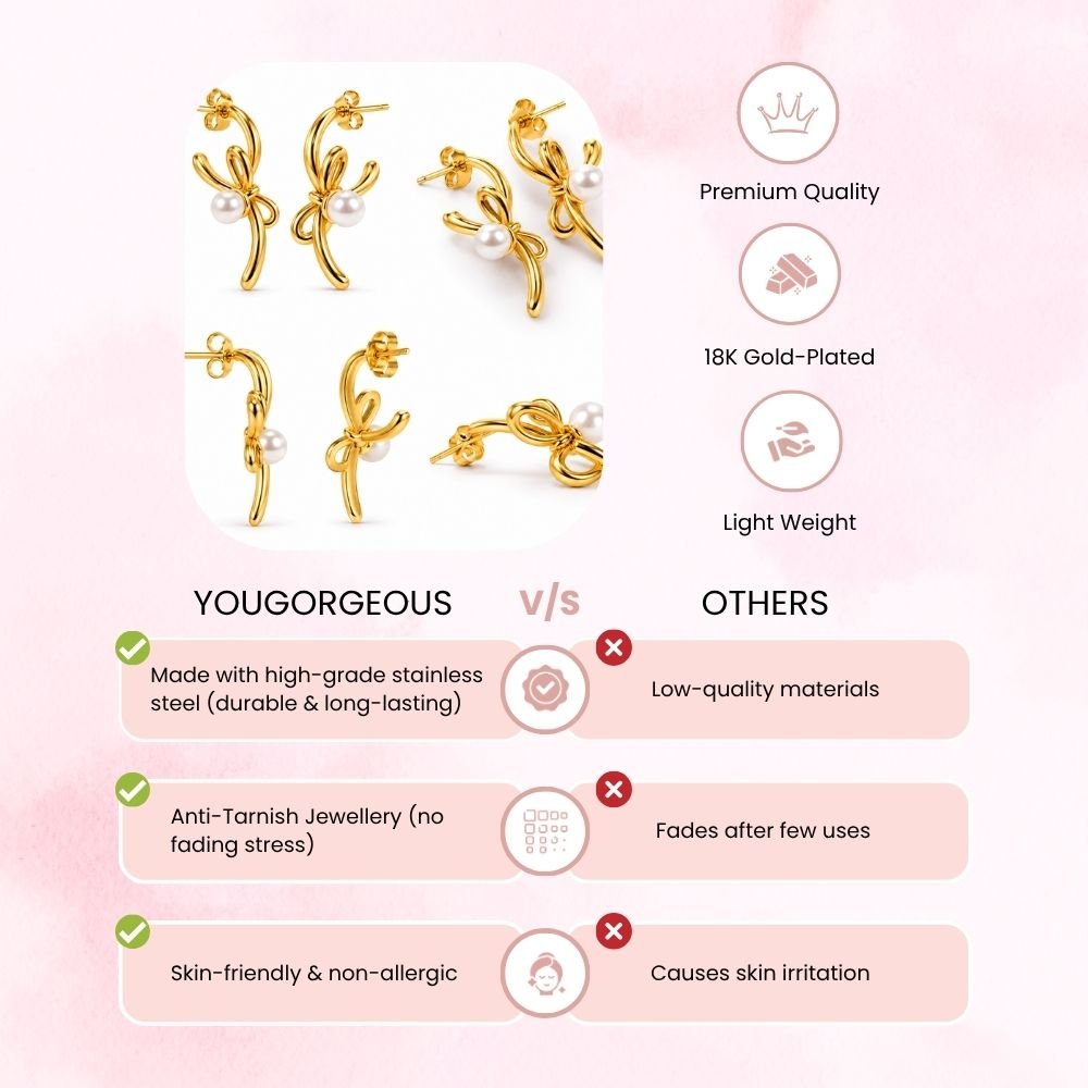 76 Yougorgeous 18K gold plated sculptural ribbon bow pearl drop stud earrings for women